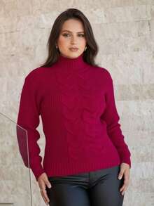 Women's Cold Temperature Sweater High Neck Wool Puff Sleeve Knitted Tricot Braids - Cherry Pink - View 1