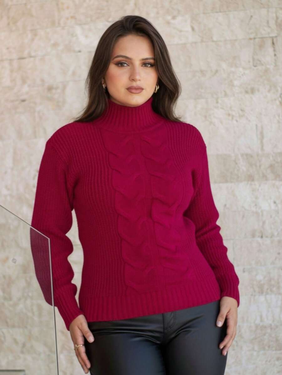 Women's Cold Temperature Sweater High Neck Wool Puff Sleeve Knitted Tricot Braids - Cherry Pink - View 1