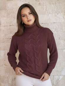 Women's Cold Weather Sweater Turtleneck Wool Puff Sleeve Knitted Knit Braids - 鏽棕色 - 查看 8