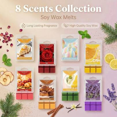 1 hộp sáp thơm đậu nành 3oz, 8 mùi hương ngọt ngào, được thiết kế để sử dụng với máy làm tan sáp. Những khối sáp thơm này giúp thanh lọc không khí hiệu quả, là món quà hoàn hảo cho các dịp lễ và bạn bè. Chúng có thể tạo ra một bầu không khí lễ hội ngọt ngào, lãng mạn và cũng là vật trang trí đẹp mắt cho ngôi nhà của bạn.