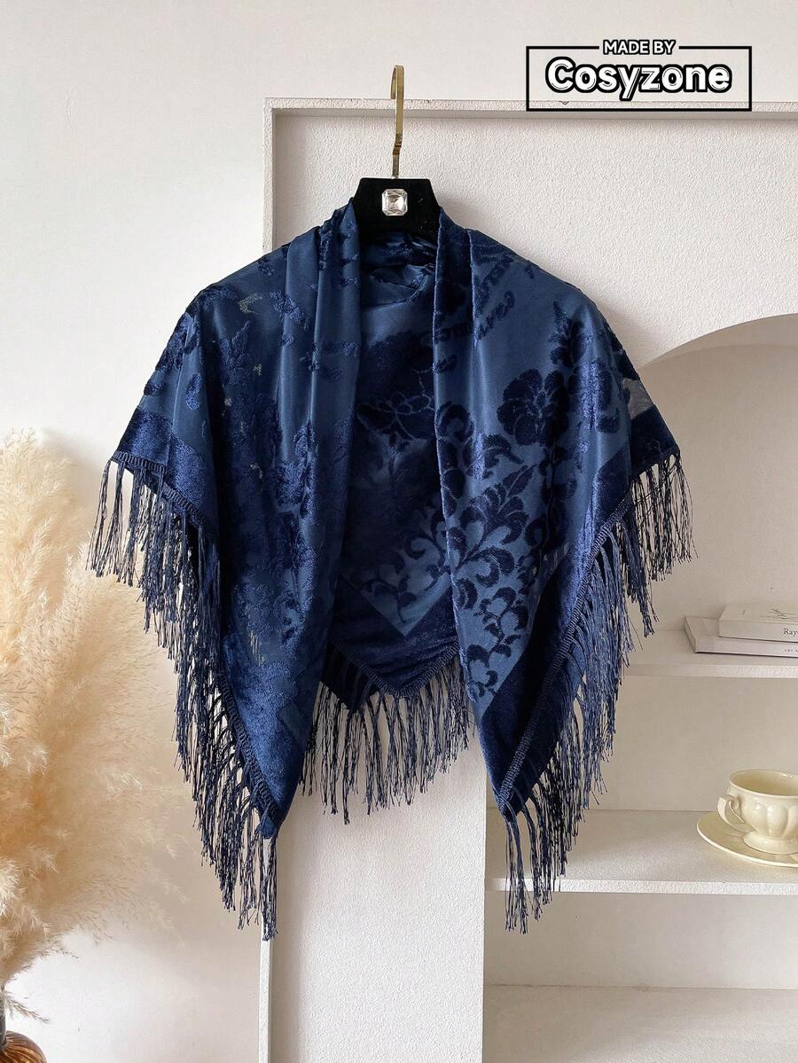 1pc Elegant Floral Pattern Jacquard Flocked Square Scarf, Fashionable Versatile Tassel Shawl Wrap For Casual And Street Style Outfit,Beach,Holiday - Navy Blue - View 1