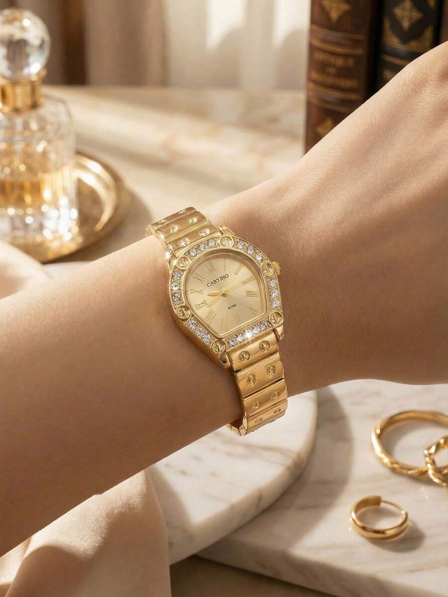 CARYINO Women's Asymmetrical Dial Diamond-Encrusted Quartz Bracelet Watch, Fashionable Luxurious Personalized Stainless Steel Strap, Suitable For Daily Wear - Gold - View 1