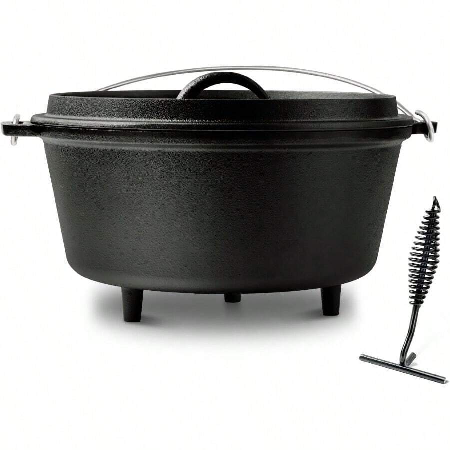 8QT Pre-Seasoned Cast Iron Camp Dutch Oven With Lid, Large Camping Dutch Oven Pot With Tripod Stand, Incl. Lid Lifter - Dual Handles - For Outdoor Campfire, Grill, Oven & Stovetop Cooking-Black - 8QT - View 1