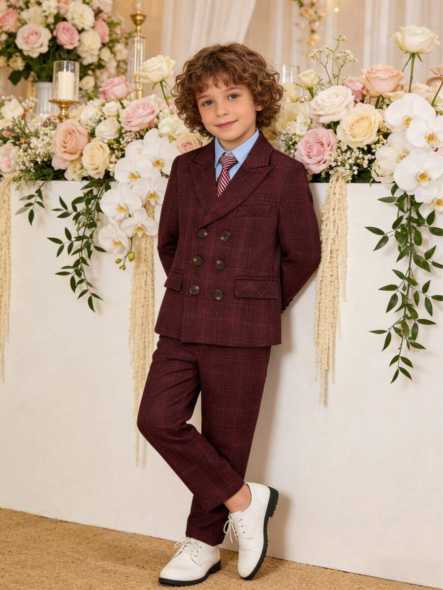 Boys' Plaid Gentleman Suit Set - Plaid Blazer + Pants + Tie, Suitable For Parties, Banquets, Dances And Other Occasions - Burgundy - View 1