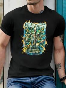 T-shirt homme en coton doux, col rond, coupe confortable, avec graphique squelette et éclair, impression artistique - Noir - Voir 1