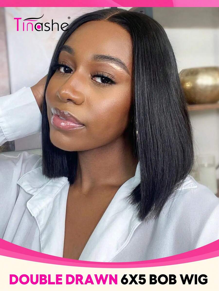 Tinashe Tóc giả Bob thẳng tắp không keo Wear & Go 6x5 Lace Closure, tóc thật Remy, sẵn sàng sử dụng, nhổ sẵn, tẩy nút thắt, cắt sẵn, Lace Closure trong suốt, đường chân tóc tự nhiên có tóc con