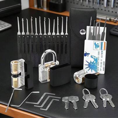 17件套包含3个带硅胶套的透明挂锁；锁芯练习工具+单钩开锁器，非常适合初学者练习开锁。