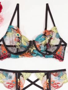 三件套女士性感内衣套装，包括束身胸衣、吊袜带和花卉刺绣钢圈文胸。 - 黑色 - 查看 10