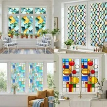 1/6pcs European Style Static Cling Window Stickers, Removable Waterproof PVC Material, Colorful Geometric Pattern Design, Suitable For Bedroom And Home Decor - Multicolor - View 2