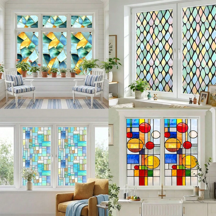 1/6pcs European Style Static Cling Window Stickers, Removable Waterproof PVC Material, Colorful Geometric Pattern Design, Suitable For Bedroom And Home Decor