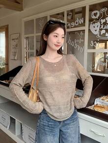 Korean Style V-Neck Hollow Out Long Sleeve Knit Sweater, Loose Soft Casual Pullover Top For Women, Spring/Summer New Arrival - Khaki - View 2