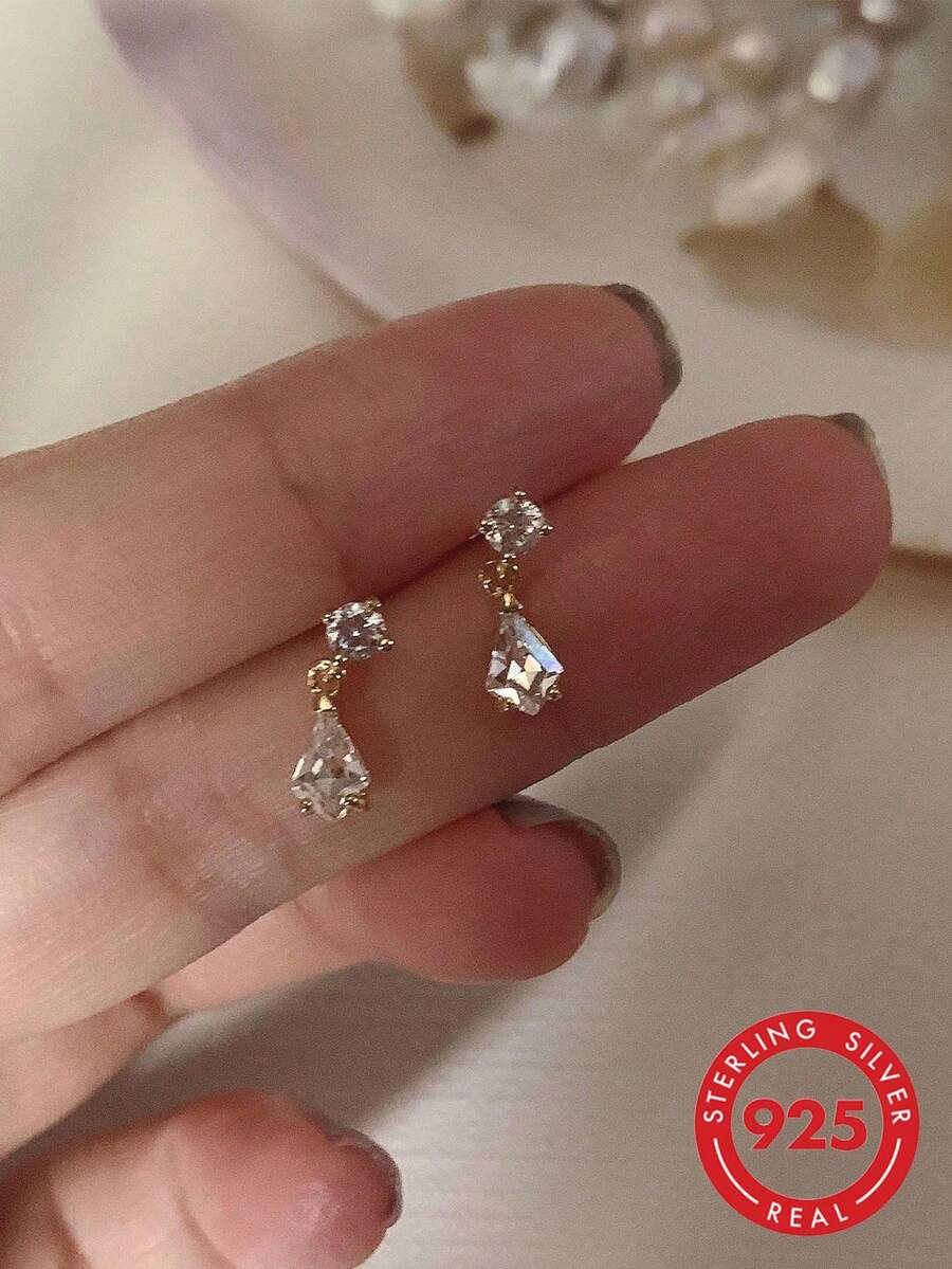 BALMORA 1對925純銀復古精緻金色水滴鋯石吊墜小耳釘，女款時尚耳環，適合派對、日常配戴，珠寶禮物