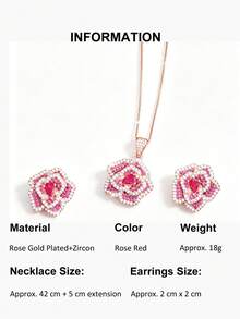 1 Conjunto Lindo Conjunto de Joias Flor com Zircônia Cúbica Vermelho-Rosa Banhado a Ouro Rosa, Conjunto de Brincos e Colar com Pingente para Mulheres, Acessórios de Noiva para Casamento, Festa, Baile de Formatura, Acessórios de Fantasia, Presente para Namorada, Esposa, Mãe, Aniversário, Dia dos Namorados - Pink - Visão 12