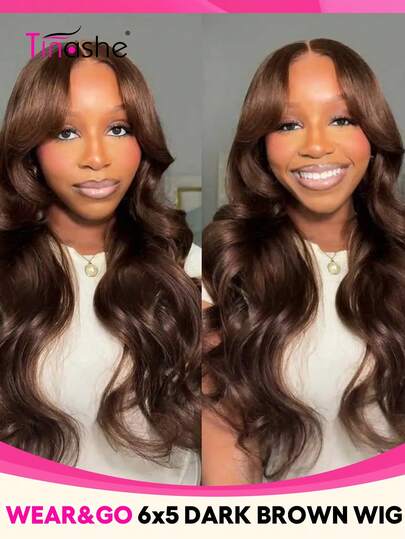 Tinashe Peluca de onda corporal de encaje transparente sin pegamento 6X5 de 180% de color marrón chocolate con cierre de encaje, línea del cabello previamente desbrozada, amigable para principiantes, cabello humano coloreado Remy virgen para disfraces de Halloween, uñas de Halloween, plancha para el cabello, peluca sin pegamento de cabello humano, maquillaje de Halloween, cabello de hada para bodas, peluca negra de sirena, accesorios para el cabello