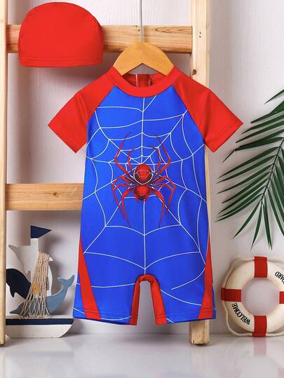 Toddler Boys' Sporty Swimwear, Vacation & Outdoor Casual Outfit, Fashionable & Comfortable, Cute Animal & Digital Print Colorblock Short Sleeve Romper With Swim Cap, Suitable For Summer Swimming