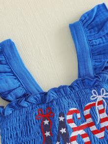 Toddler Baby Girl Patriotic Outfit Fashionable 4th Of July American Flag Embroidery Flying Sleeve Tops With Shorts 2Pcs Set - 藍色 - 查看 5