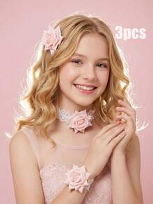 3pcs/Set Flower Hair Clip + Wrist Flower + Flower Necklace, Suitable For Teenage Girls, Wedding Ceremony, Party, Photo Booth Props - Pink - View 2