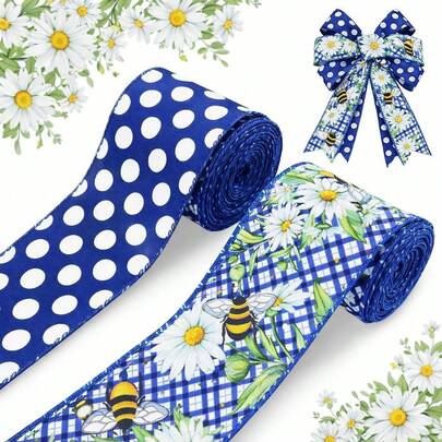2卷春日蓝雏菊蜜蜂图案麻布丝带，2.5英寸 x 10码，带铁丝的格子条纹印花花卉丝带，适用于礼品包装、花环蝴蝶结、春季工艺品装饰