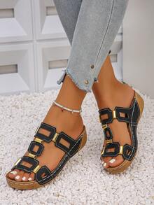 New Fashion Women Sandals Elegant White Black Summer Beach Slides Thick Bottom Wedge Slippers - Black - View 3