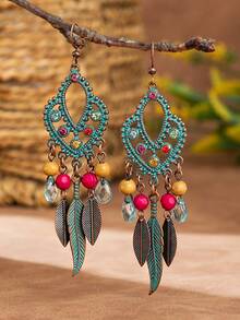 TopHanqi 一对长款复古流苏耳环，波西米亚风超大水钻装饰耳环，适合度假、音乐节、日常佩戴 - 彩色 - 查看 1