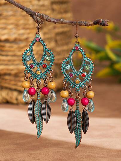 TopHanqi 一对长款复古流苏耳环，波西米亚风超大水钻装饰耳环，适合度假、音乐节、日常佩戴