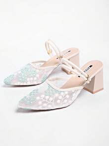 Summer New Rhinestone Fashion Mesh Elegant Ankle Strap High Heel Sandals For Women - Green - View 3