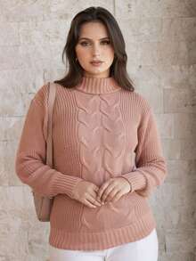 Women's Cold Temperature Sweater High Neck Wool Puff Sleeve Knitted Tricot Braids - Beige - View 8