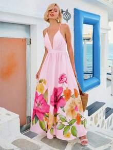 Women's Casual Vacation Dress, With Print And Backless Design, Elegant And Stylish, Halter Neck Style With A Full Skirt. - 淺粉色 - 查看 10