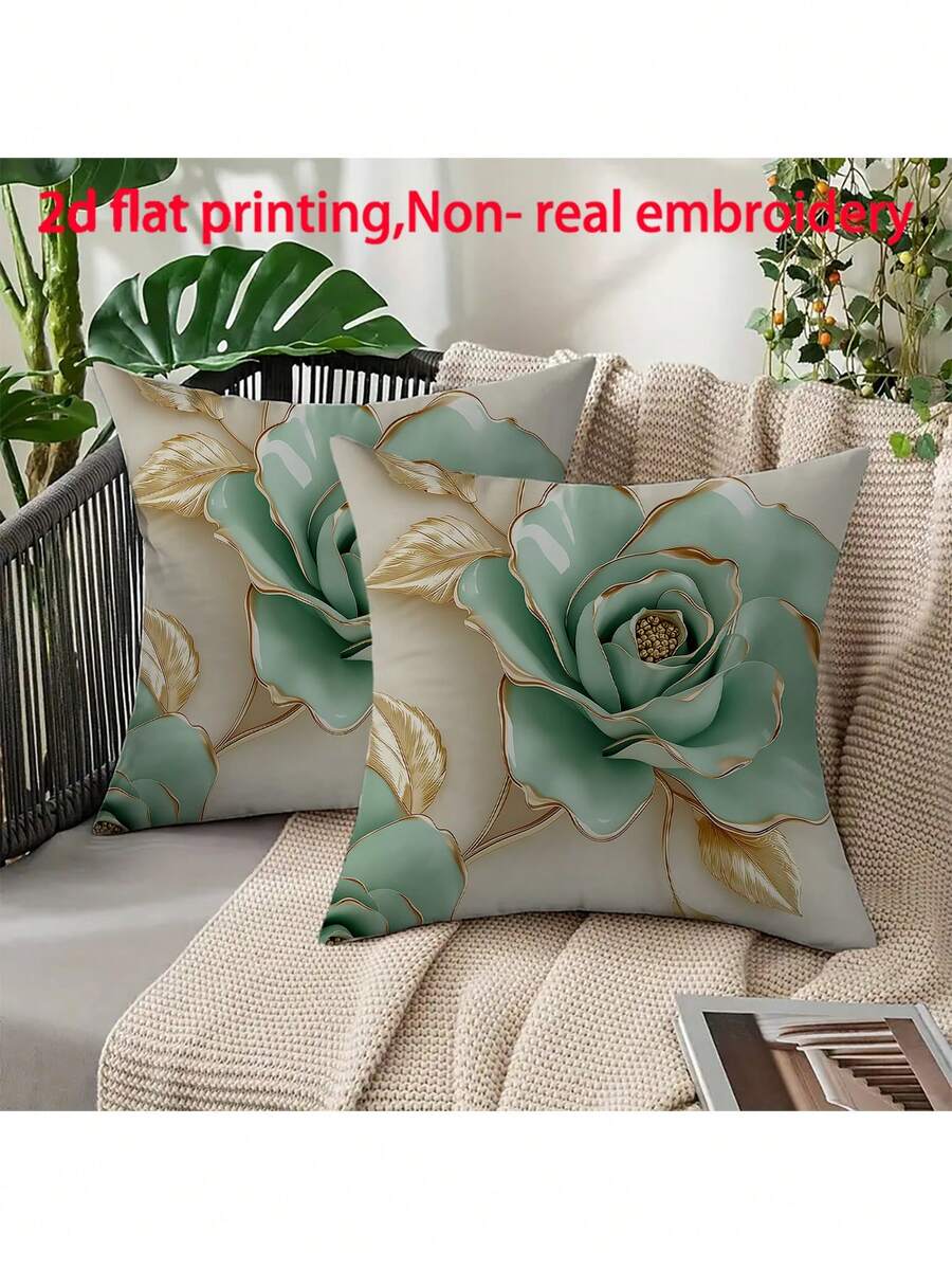 2pcs Floral Pattern Printed Throw Pillow Covers, Machine Washable With Zipper Closure, Decorative Design, Suitable For Home And Office Decor (Pillow Insert Not Included) (No Embroidery)