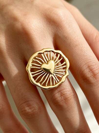 Mazuer 1pc 18K Gold Plated Heart Shaped Round Ring, Elegant Stainless Steel Jewelry Gift, Adjustable Size For Women, Suitable For Party, Daily Wear, Mother's Day Gift