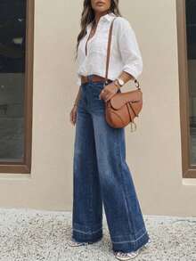 UMINOW Quần jean nữ ống rộng dáng casual, không co giãn, có túi và khóa kéo, thích hợp mặc hàng ngày vào mùa thu. - Màu xanh lam - Xem 4