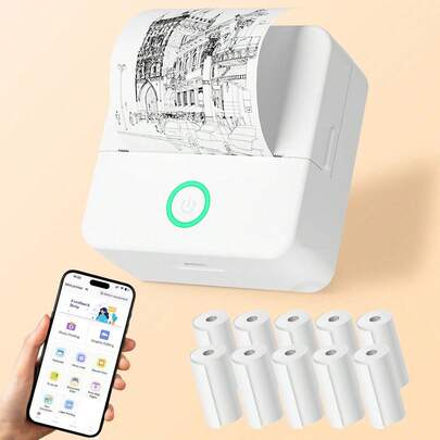 Imprimante mini thermique avec rouleaux de papier thermique, machine à étiquettes autocollantes portable sans encre, connexion sans fil Bluetooth pour tous les téléphones, imprimante à découpe libre pour notes et DIY
