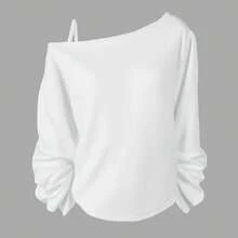 Women's Off-Shoulder Long-Sleeve Shirt, Loose Casual Pullover, Lightweight Autumn Top, Blue: Clothing, Shoes And Jewelry - 白色 - 查看 3