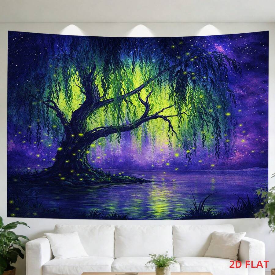 2D Panel - 2D Panel - A Mural Depicting Large Or Small Willow Trees, Fireflies, A Tranquil Lake, The Night Sky, And A Magical Atmosphere, Perfect For Decorating Living Room Walls, Meditation Spaces, Offices, Or Party Decorations - 多色 - 查看 1