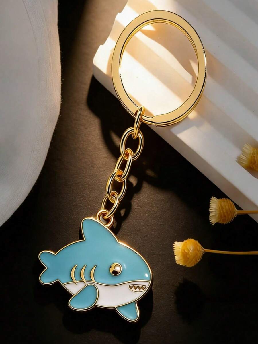 卡通鲨鱼钥匙扣，可爱鲨鱼吊坠钥匙扣，锌合金水滴形吊坠，创意海洋生物装饰，学生背包装饰，汽车钥匙扣，包包配件，日常装饰，送朋友的礼物 - 藍色 - 查看 1