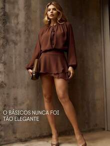 Chiffon Romper With A Tie-Neckline, Puff Sleeves, And A Layered A-Line Hem For A Bohemian Look. - Cà phê nâu - Xem 2