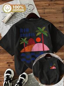 Women's Basic Casual T-Shirt With Front And Back Print "Rio Brazil Sunset Beach Design" | Everyday Wear, Summer Fashion, Rio Beach, Oversized Streetwear Style Shirt, Crew Neck, Short Sleeve, 100% Comfortable Cotton Material - 黑色 - 查看 1