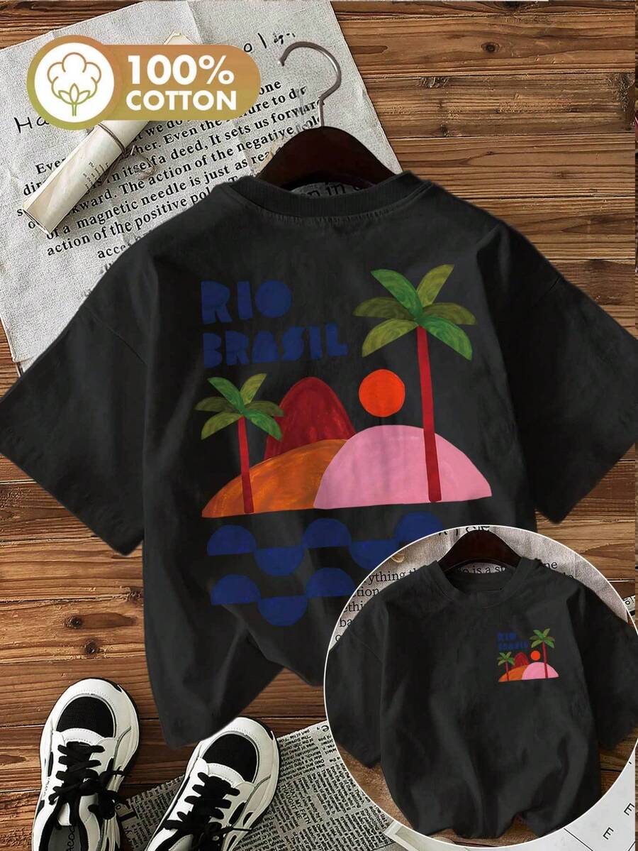 Women's Basic Casual T-Shirt With Front And Back Print "Rio Brazil Sunset Beach Design" | Everyday Wear, Summer Fashion, Rio Beach, Oversized Streetwear Style Shirt, Crew Neck, Short Sleeve, 100% Comfortable Cotton Material - 黑色 - 查看 1