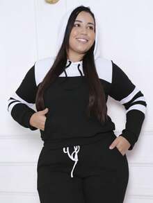 Women's Two-Tone Crepe Knit Set With Hood And Front Pocket – Comfortable And Stylish Look. - Black - View 3