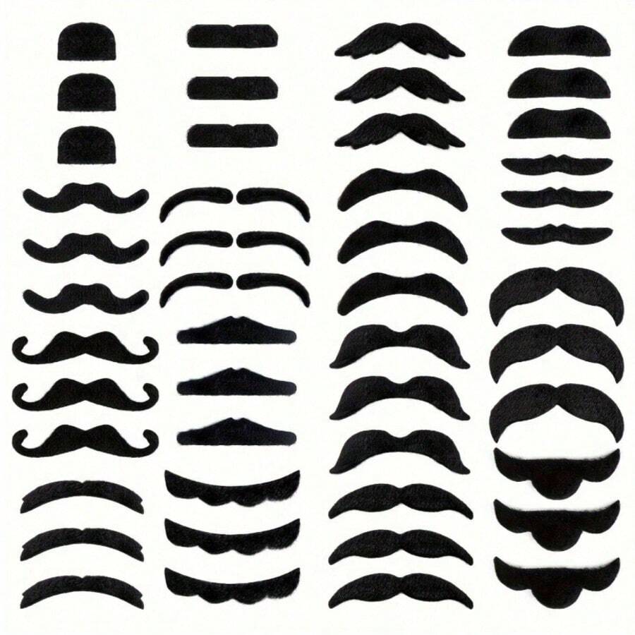 48pcs Polyester Fake Beard, Suitable For Holiday, Costume Party, Halloween, Christmas Party Dress Up, Self-Adhesive Novelty Black Fake Beard, Fun Cosplay Costume Accessory, Suitable For All Skin Tones - Black - View 1