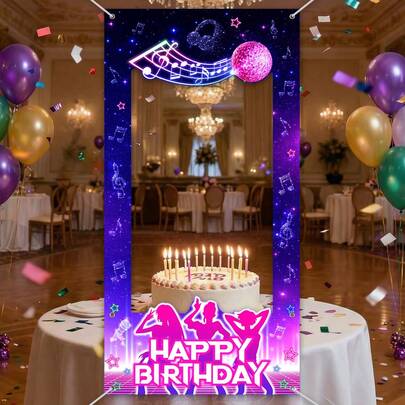 1pc Neon Music Themed Happy Birthday Photo Booth Backdrop, Purple Glow In The Dark Party Door Frame Banner, Disco Ball Musical Note Pattern Photo Prop,For Birthday Party, Dance Party, Night Club Event, Music Festival, Celebration Decoration, Party Supply For Photo Taking & Party Atmosphere Enhancement