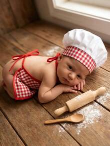 2 Stück Neugeborenen Fotografie Requisiten süßer karierter Kochmütze und Schürze Set, Baby Fotoshooting Zubehör für Innenaufnahmen - Verschiedenfarbig - Übersicht 5