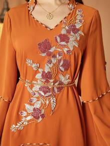 5159 Patty连衣裙，橙色不对称贴花刺绣串珠长袍，派对礼服 - 橘色 - 查看 8