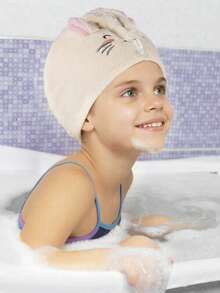 2个装超细纤维发帽，专为女孩设计 - 柔软、超强吸水、速干，带2个纽扣 - 防毛躁，适合浓密卷曲长发，猫咪图案 - 彩色 - 查看 4