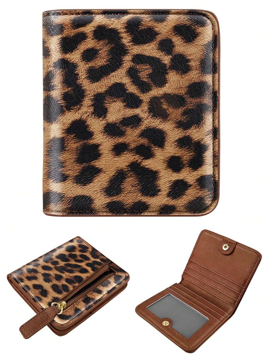 Billetera pequeña plegable con estampado de leopardo, de piel sintética con bolsillo con cremallera, monedero con ventana para identificación y ranuras para tarjetas de crédito y efectivo, adecuado para mujeres y hombres - Multicolor - Ver 1