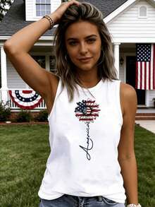 Women's Sleeveless Top-American Flag Daisy Patriotic Print Blouse, Loose Fit Breathable Vest For 4th Of July, Independence Day Outfits-Lightweight Everyday Summer Wear - 白色 - 查看 2