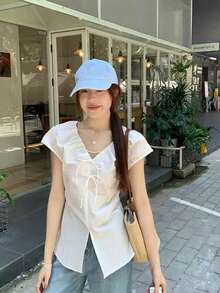 女士夏季休闲蝴蝶结V领衬衫，百褶设计，收腰显瘦，青春靓丽上衣 - 白色 - 查看 4