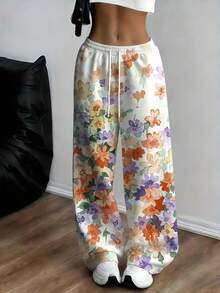 Women Floral Print Drawstring Wide Leg Pants Casual Summer Long Pants Machine Washable Sporty Outfit Comfortable Joggers For Everyday Wear - trắng - Xem 3