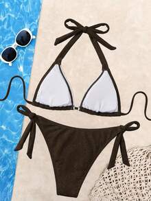 Bộ bikini nữ 2 mảnh chủ đề biển, gợi cảm, kiểu dáng thường ngày, dây mảnh, màu trơn, thích hợp cho bãi biển, bơi lội, kỳ nghỉ xuân/hè, có mút ngực tháo rời. - Nhiều màu - Xem 4