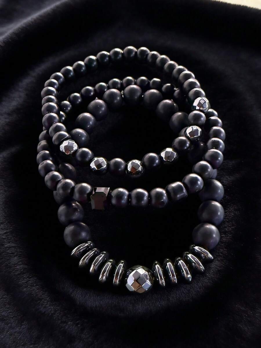 3件套男士黑色串珠叠戴手链套装，哑光玛瑙和赤铁矿弹力手链，朋克嘻哈休闲日常佩戴饰品 - 黑色 - 查看 1
